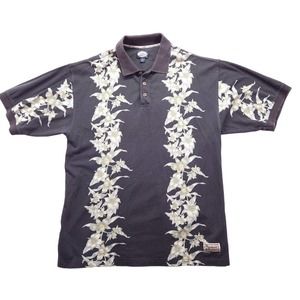 Tommy Bahama Polo Shirt Mens Large Black Hawaiian Floral 100% Cotton Collared